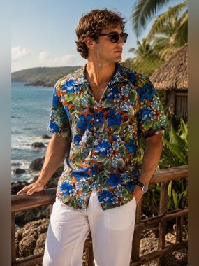 J. Crew Favtory Flex Short Sleeve Button Down Camp Collar Shirt Hawaiian Print M